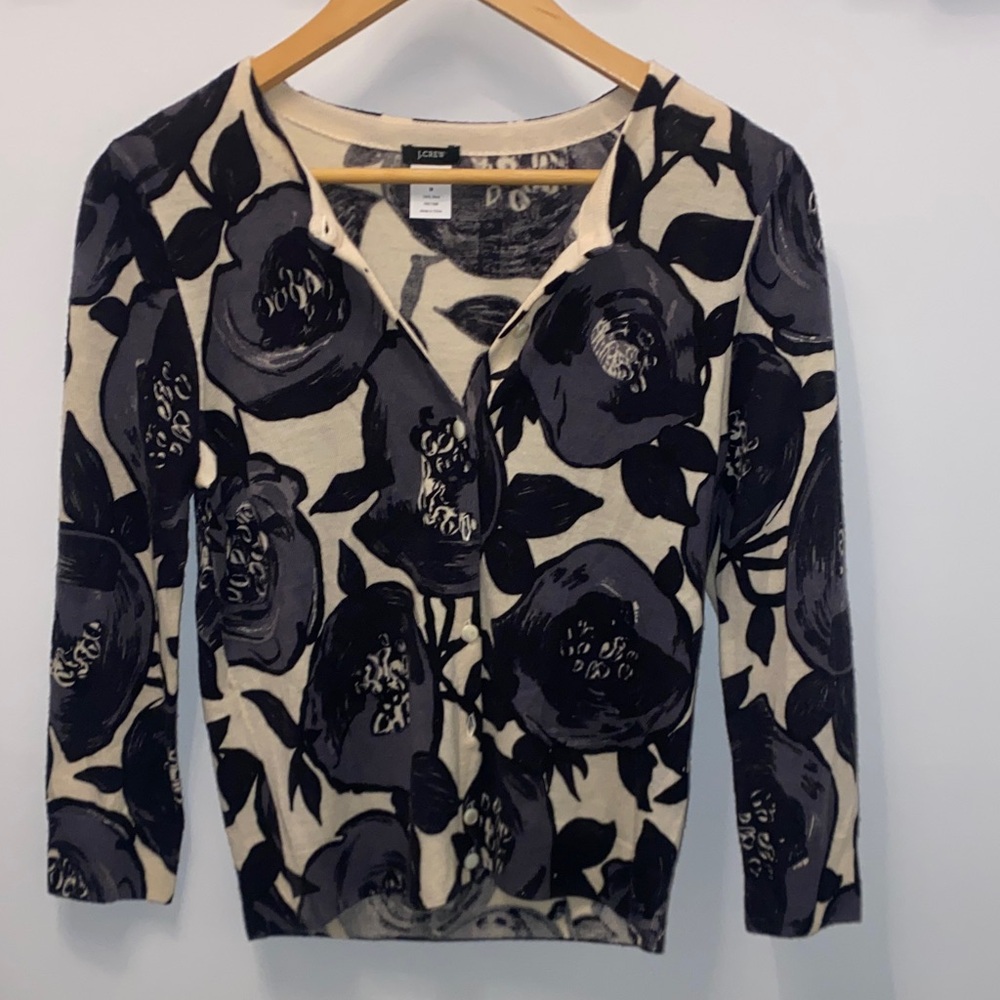 J. Crew 100% Wool Black and Cream Floral Sweater